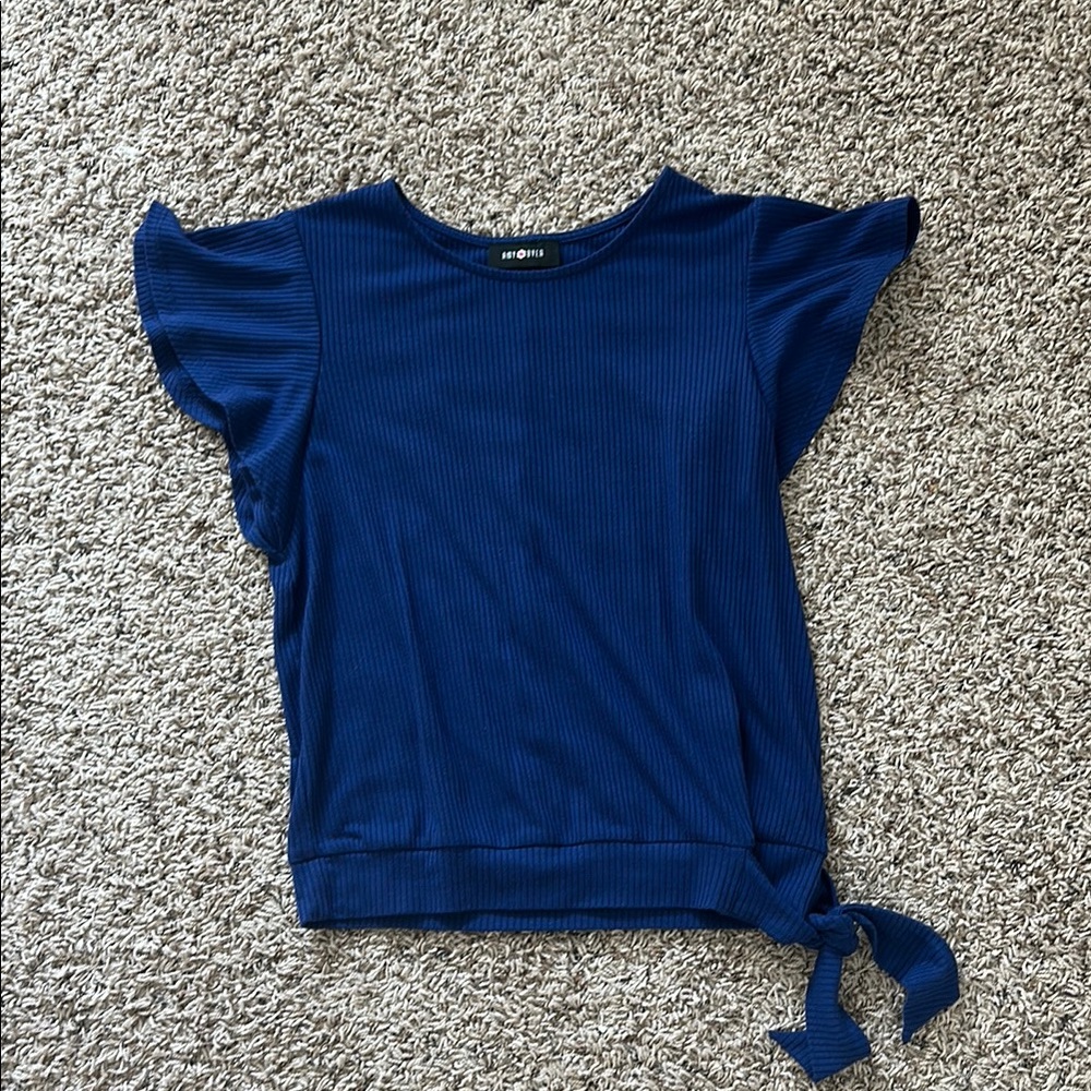 Blue Ribbed Short Sleeve Top